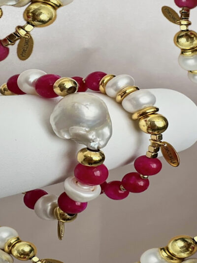 Pulsera ágata fucsia y perlas
